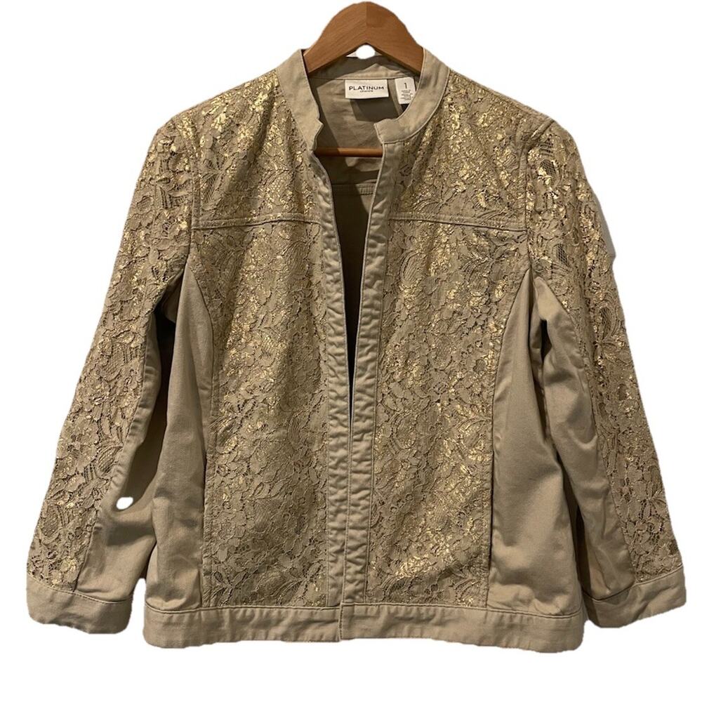 Chico's Platinum Khaki Floral Gold Metallic Lace Jacket Open Front Sz 1, US 8